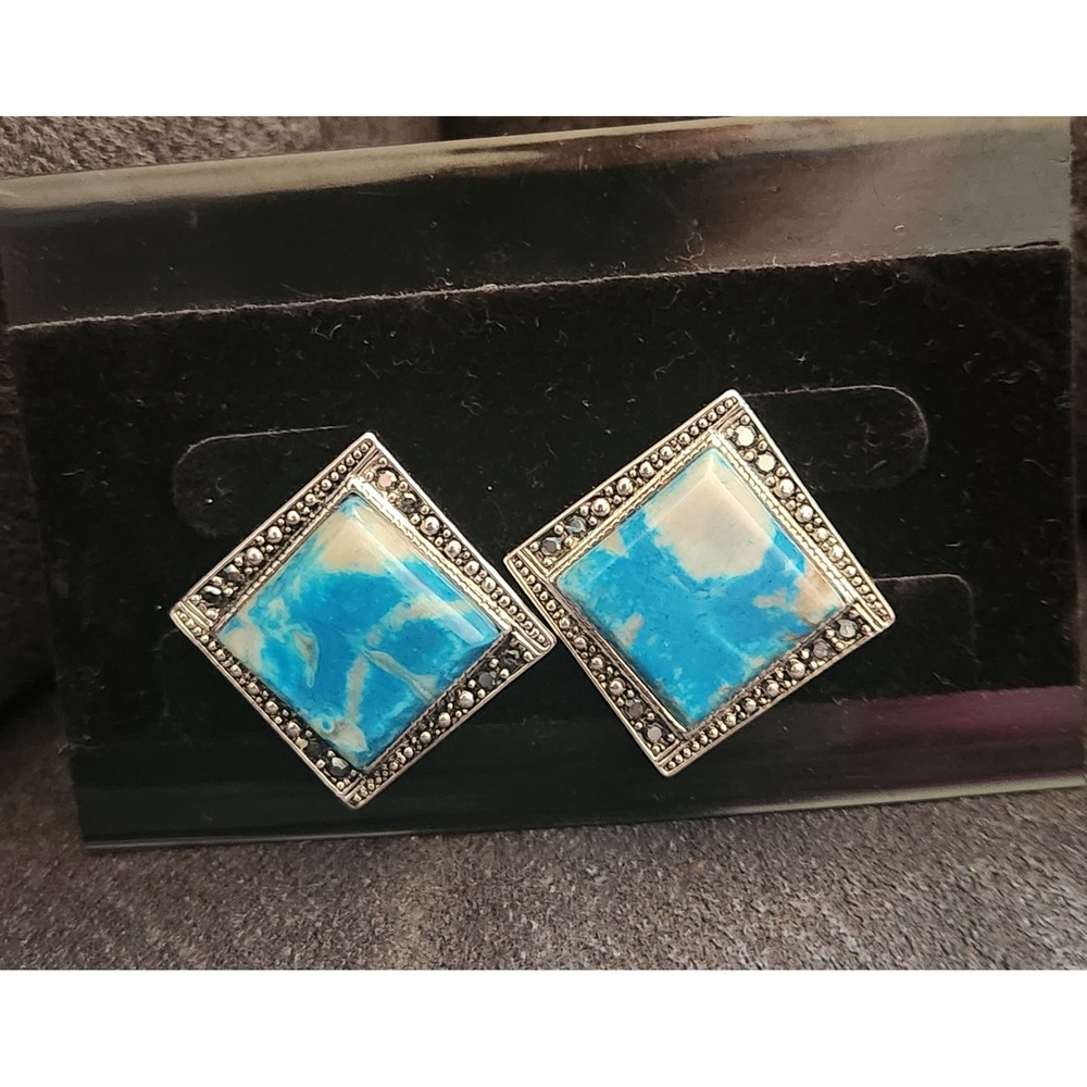 Silver Square Turquoise Stone Post Earrings Marbled Blue Diamond Studs